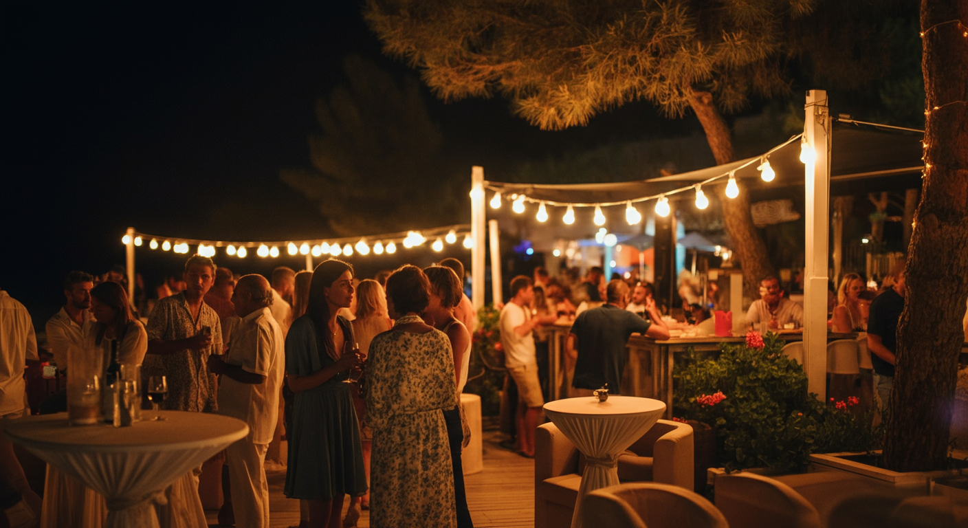 An elegant evening social scene at a Turkish resort. People talking at a beach bar with string lights. Sophisticated atmosphere, not a wild rave. Stylish relaxed clothing. Authentic travel night shot.