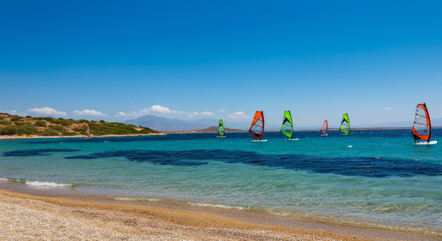 Wide view of Alacati windsurfing bay. Turquoise shallow water. Colorful windsurf sails in the distance. Sandy beach in foreground. Bright sunny day. Sporty holiday vibe. Authentic photo.