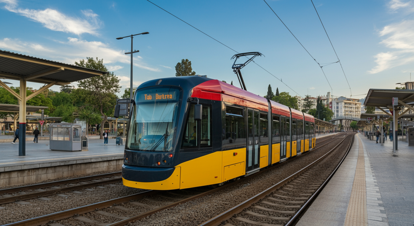 AntRay modern tram waiting at the station platform. Antalya public transport vibe. Authentic city travel photography.