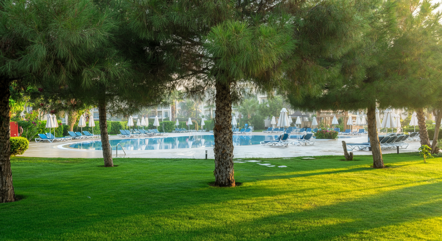 A peaceful resort garden in Belek. Green lawn, pine trees, a swimming pool in the background. Soft morning light. A relaxed 'holiday morning' atmosphere. Authentic colors, no HDR.
