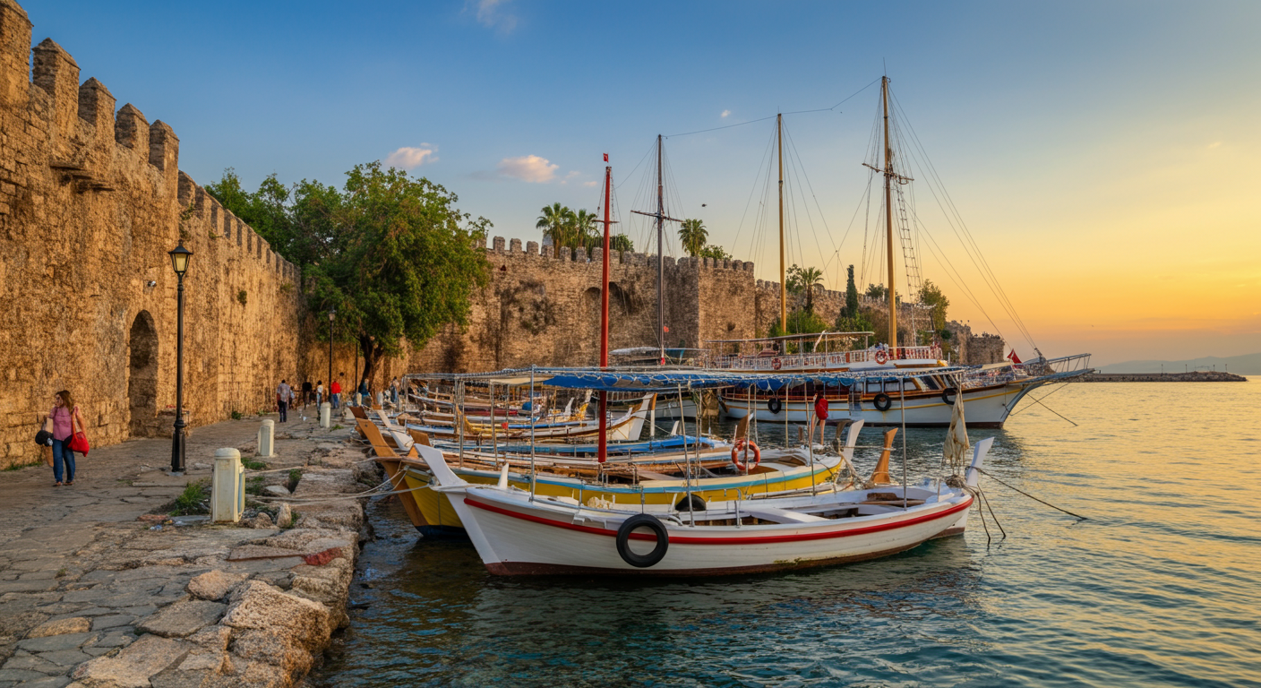 Antalya Kaleiçi Old Town harbour area. Boats, historic walls, sea view, people walking. Golden hour. Authentic travel photography.