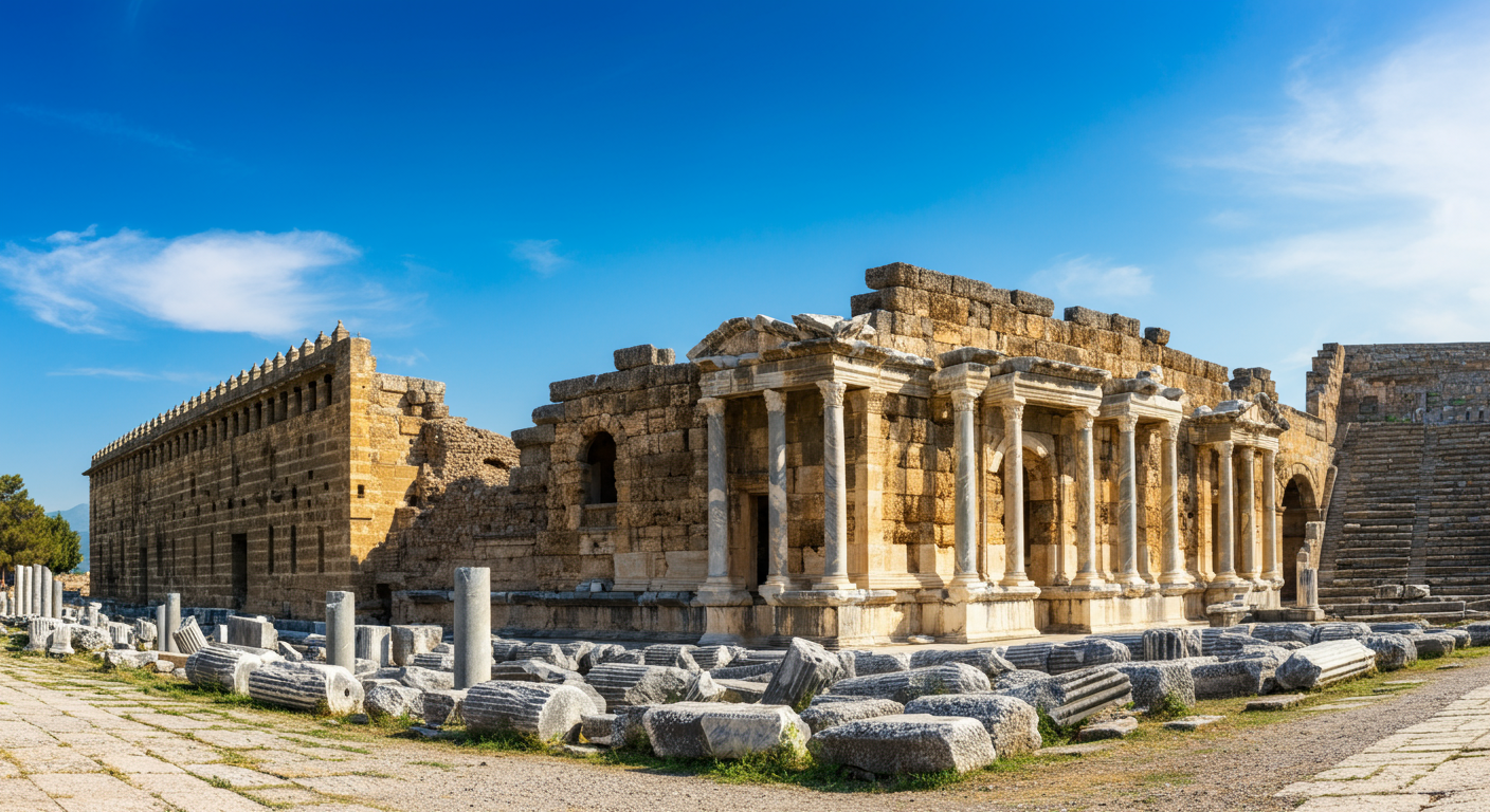 Ancient Roman ruins in Antalya region (like Aspendos or Perge). Stone columns, theatre, blue sky. Historic atmosphere. Authentic travel photography.