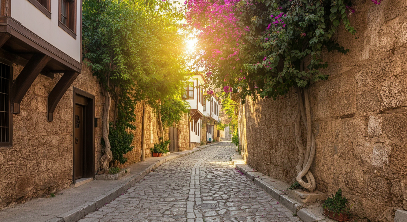 Narrow cobbled street in Antalya Old Town (Kaleiçi) with historic Ottoman houses, bougainvillea, and warm sunlight. Authentic cultural travel photography.