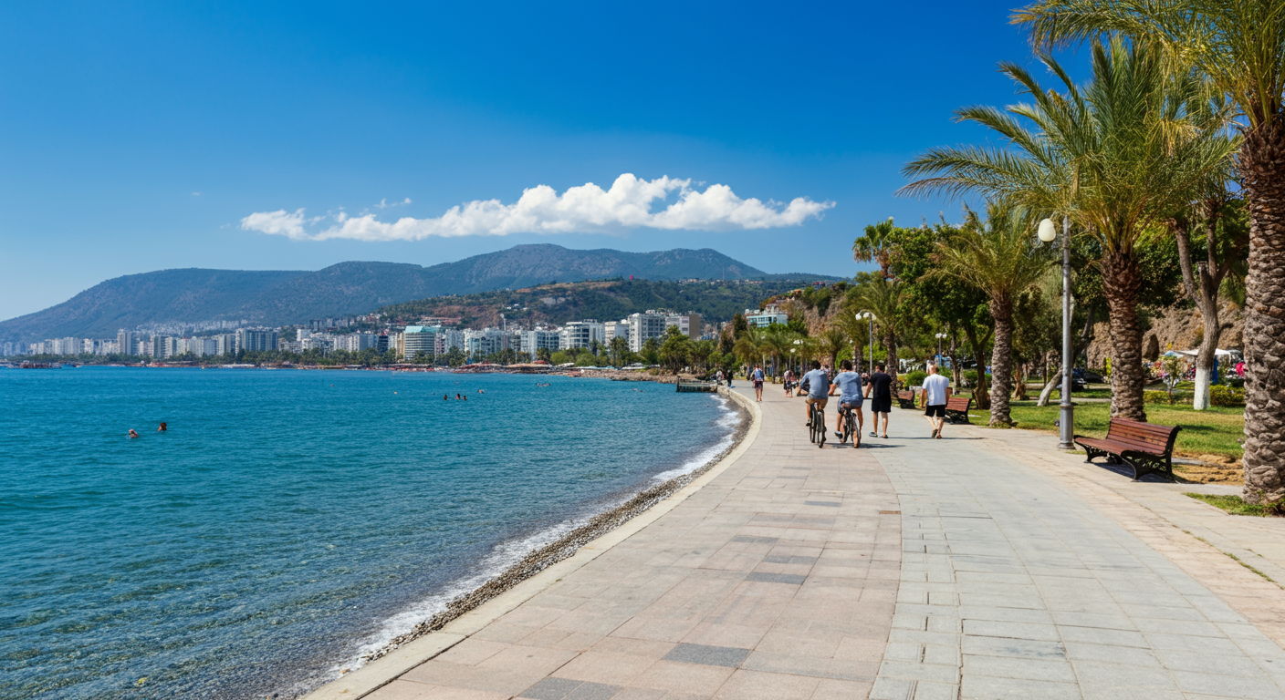 Konyaalti beach promenade in Antalya. People walking and biking. Mountains in the background. Real life street photography style. Sunny day. Authentic textures.