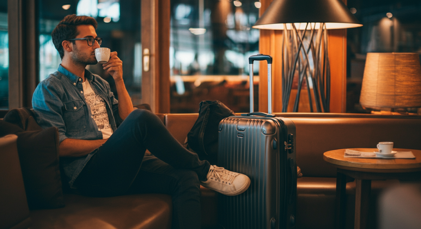 A traveller enjoying their first coffee upon arrival in Turkey. Suitcase nearby but settled. Looking relaxed and ready. 'Arrival comfort' vibe. Authentic lighting.