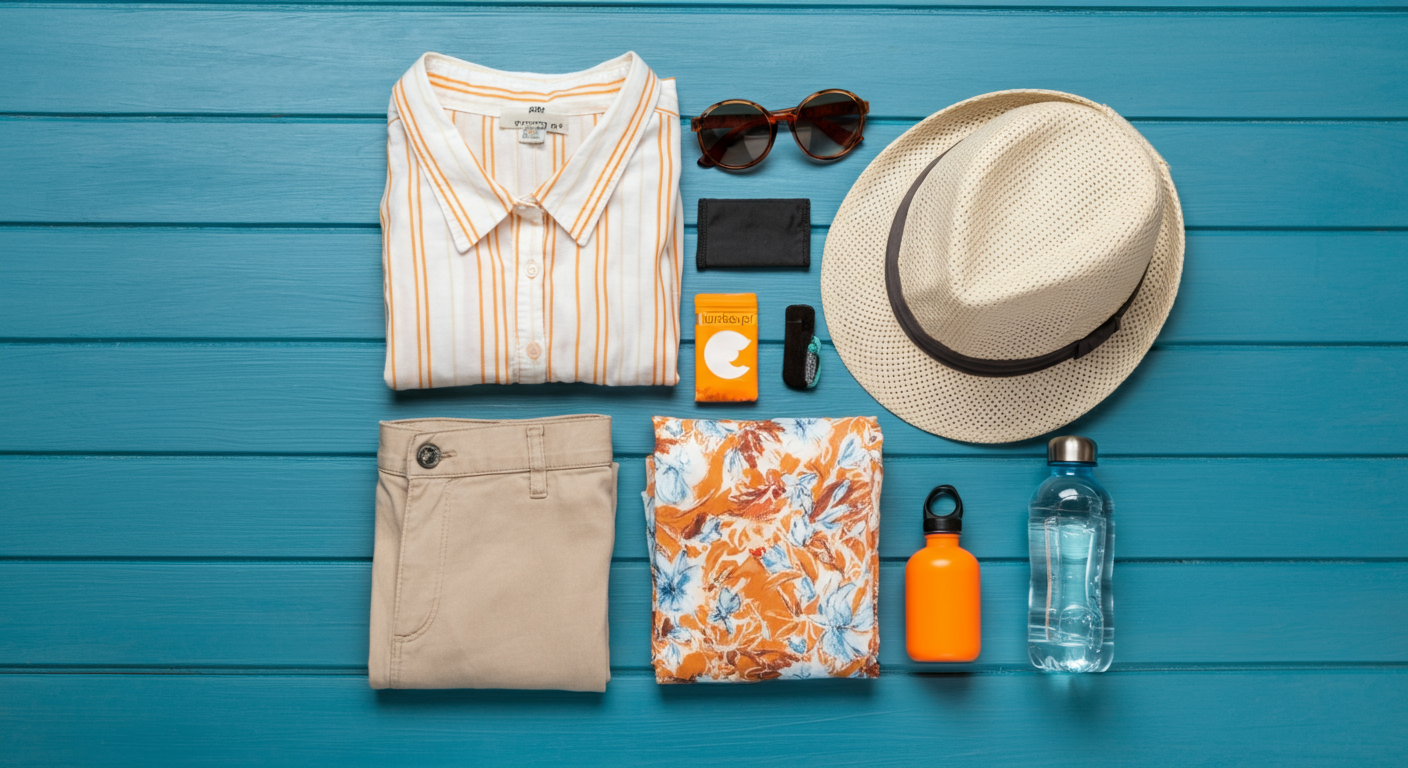 Flat lay of August packing essentials for Turkey. Sunscreen, hat, sunglasses, light breathable clothes, water bottle. Focused on heat comfort. Authentic travel style.