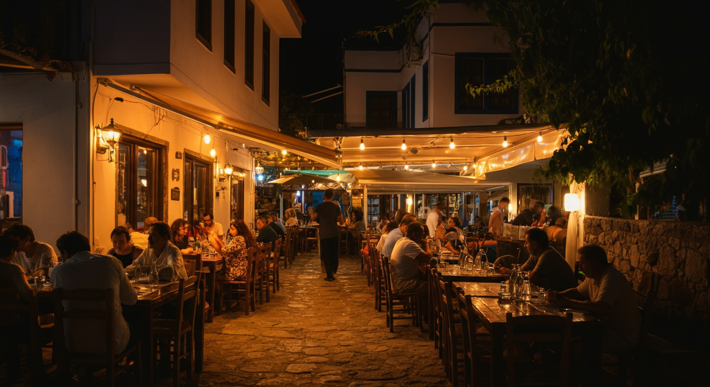Outdoor dining in a lively Turkish coastal town at night (e.g., Fethiye or Bodrum). Warm string lights, happy diners, summer evening breeze. Authentic travel lifestyle.