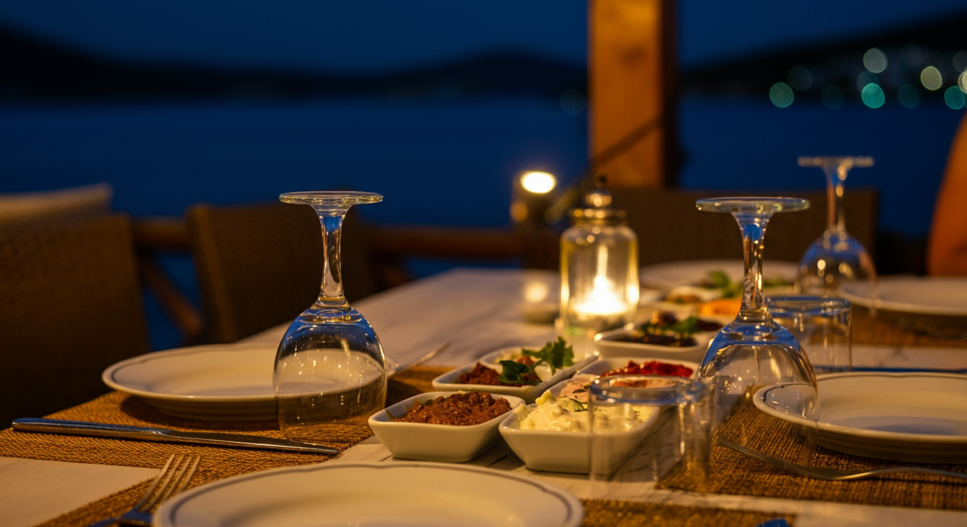 A table set for a nice dinner by the sea in Bodrum. Meze plates, glasses, relaxed summer evening vibe. Authentic food travel photography.