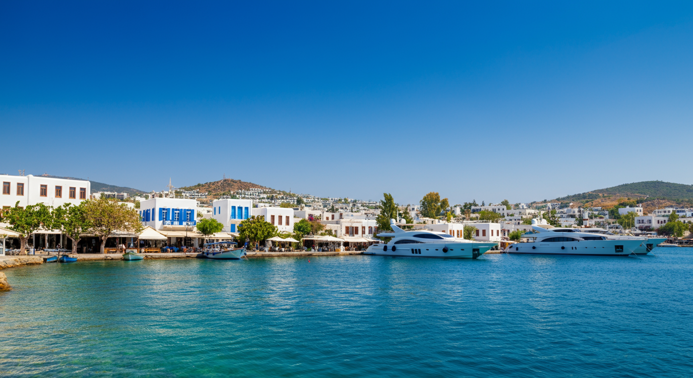 Bodrum town vibe. White flat-roofed houses, blue shutters, a marina promenade with yachts in foreground. Aegean atmosphere. Authentic travel photography.