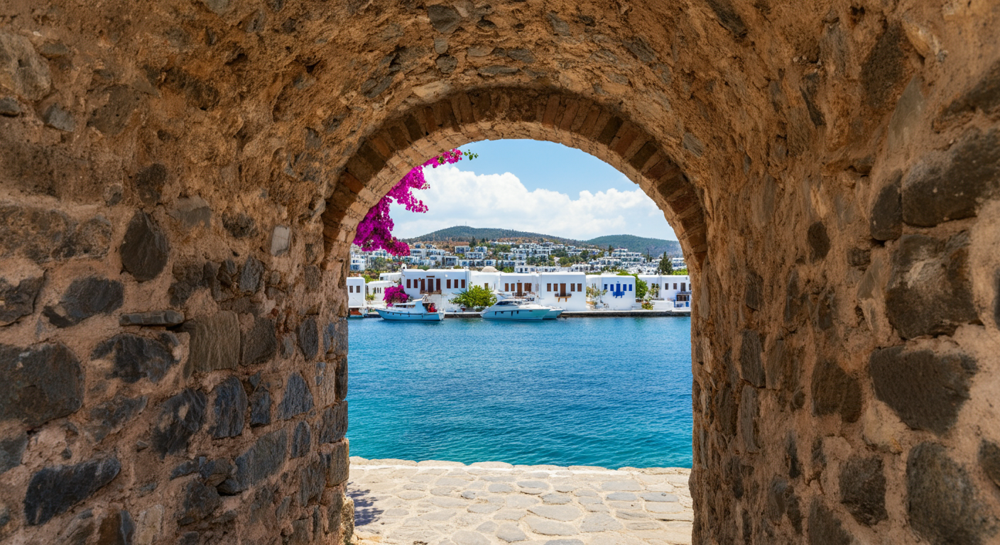 View of Bodrum harbour and white houses with bougainvillea seen through a stone archway of Bodrum Castle. Authentic travel POV.