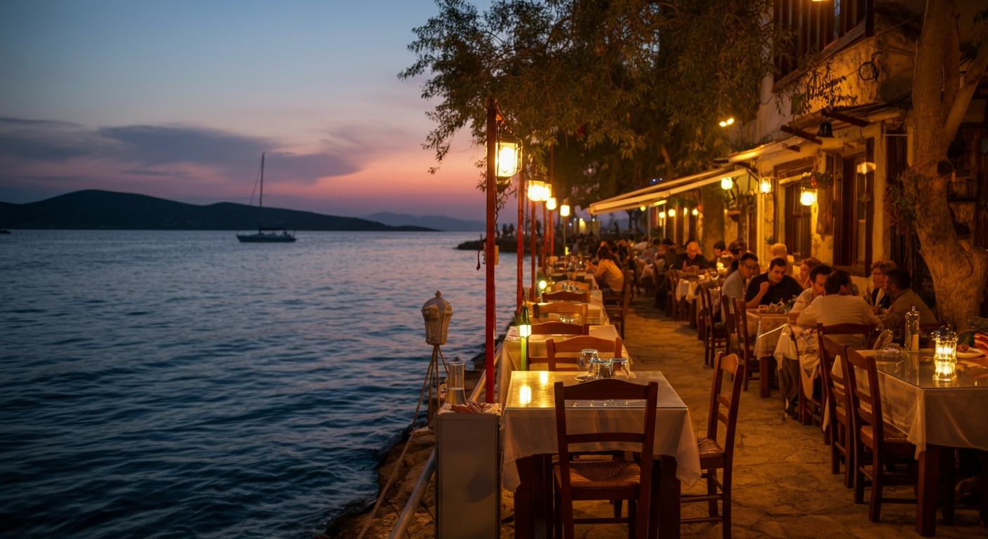 Gümüşlük seaside dining tables with colourful lanterns at sunset. People eating near the water. Authentic Aegean atmosphere.