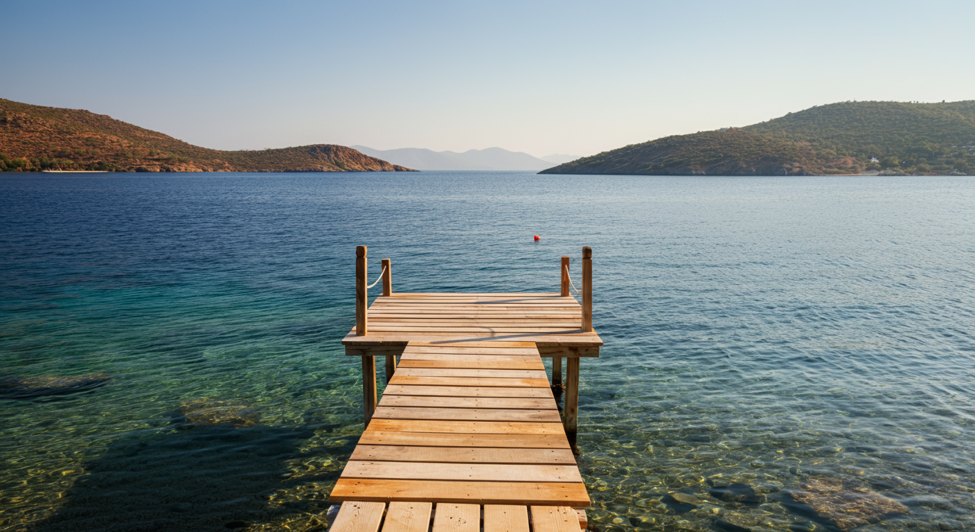 A quiet wooden pier in Gundogan bay, Bodrum. Clear water. Peaceful morning atmosphere. Minimalist travel photo. Authentic colors. Relaxing vibe.