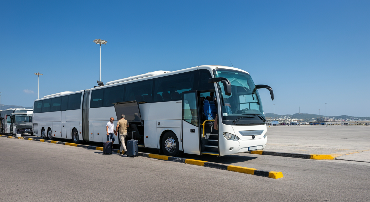 White MUTTAŞ airport bus parked at Milas-Bodrum Airport curb. People loading suitcases in the hold. Sunny blue sky. Authentic transit photography.