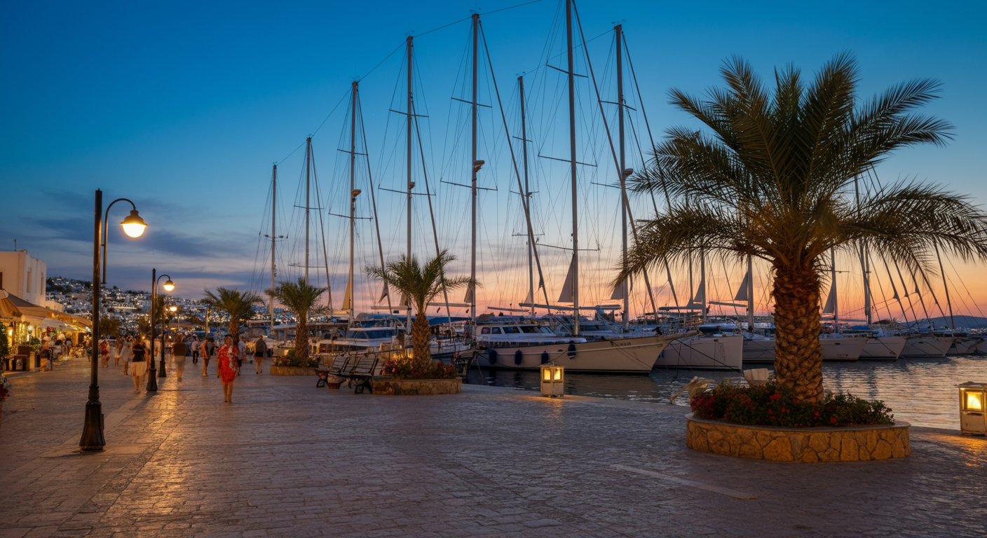 Bodrum marina harbour promenade in the evening. Sailboats docked. People walking along the palm-lined street. Warm sunset light. Authentic atmosphere. Street photography style.