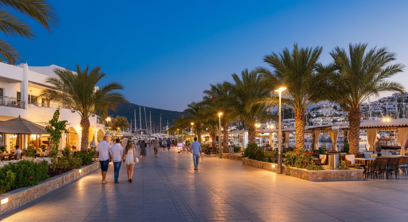 Yalıkavak Marina area in Bodrum. Modern promenade with palm trees, upscale cafes, and people walking. Authentic luxury travel vibe.