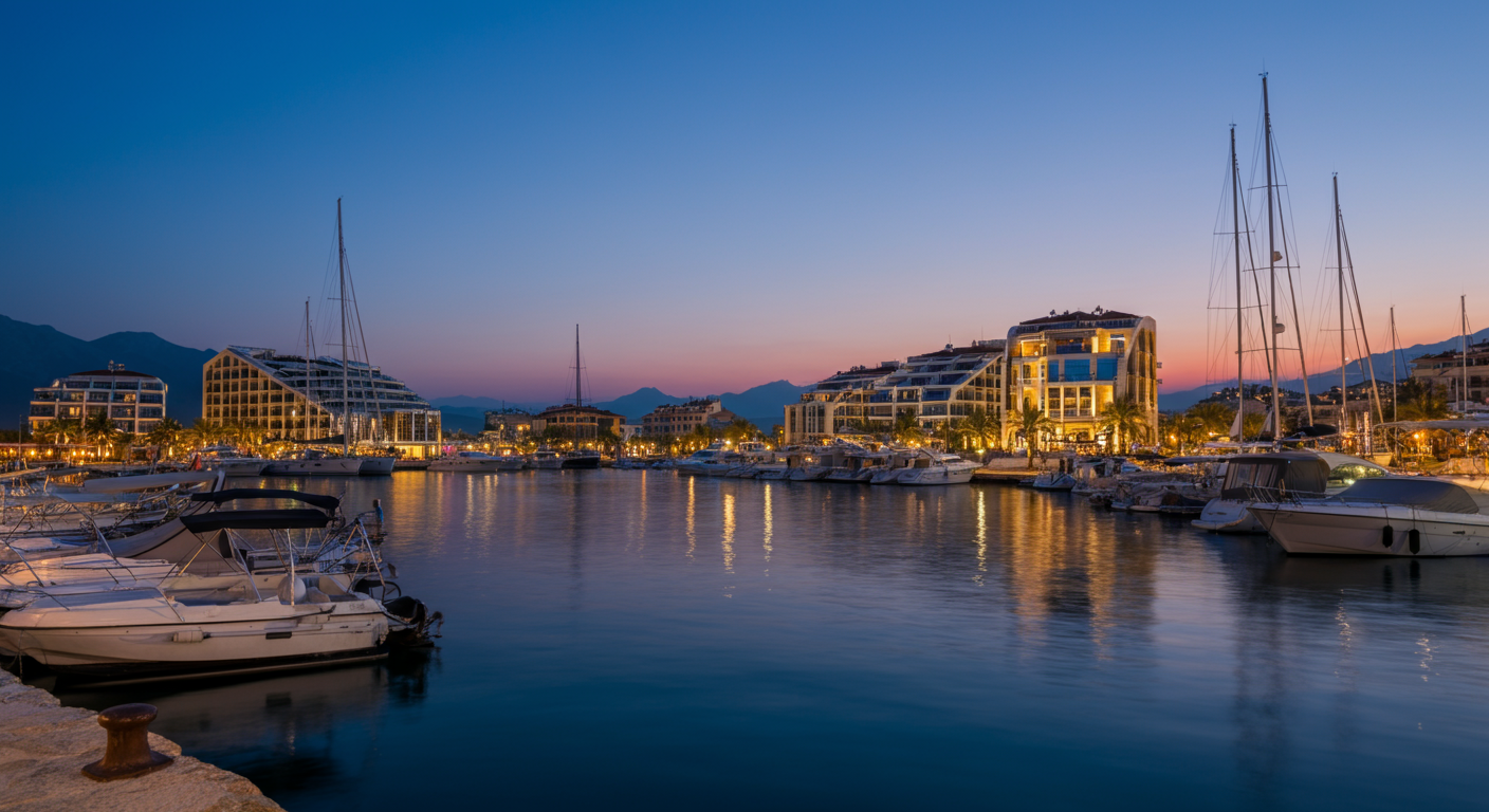 Yalikavak palm marina area at twilight. Modern luxury architecture, calm water reflections. Elegant evening atmosphere. Authentic scenic photo. High quality texture.