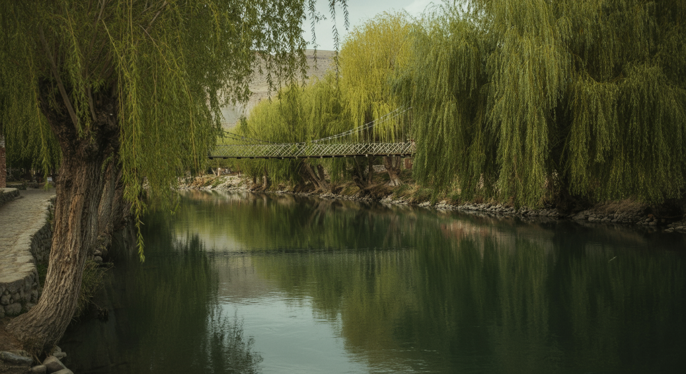 A peaceful riverside walk in Avanos by the Red River. Willow trees reflecting in water. Suspension bridge in background. Relaxed, local atmosphere. Unedited film look. 35mm style.