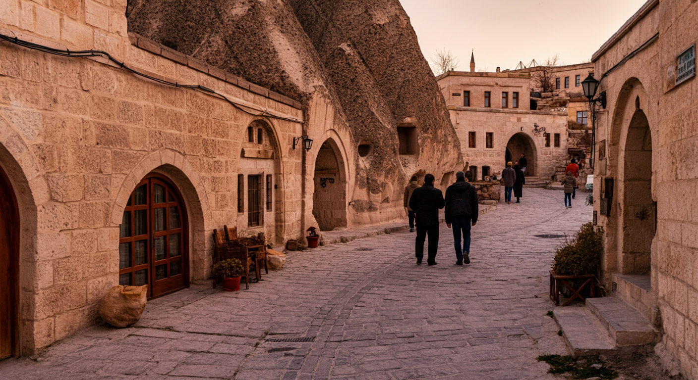 Street view in Goreme town. Cave hotels carved into fairy chimneys. People walking on cobblestones. Warm authentic evening light. Realistic texture, not overly HDR. Candid travel photo.