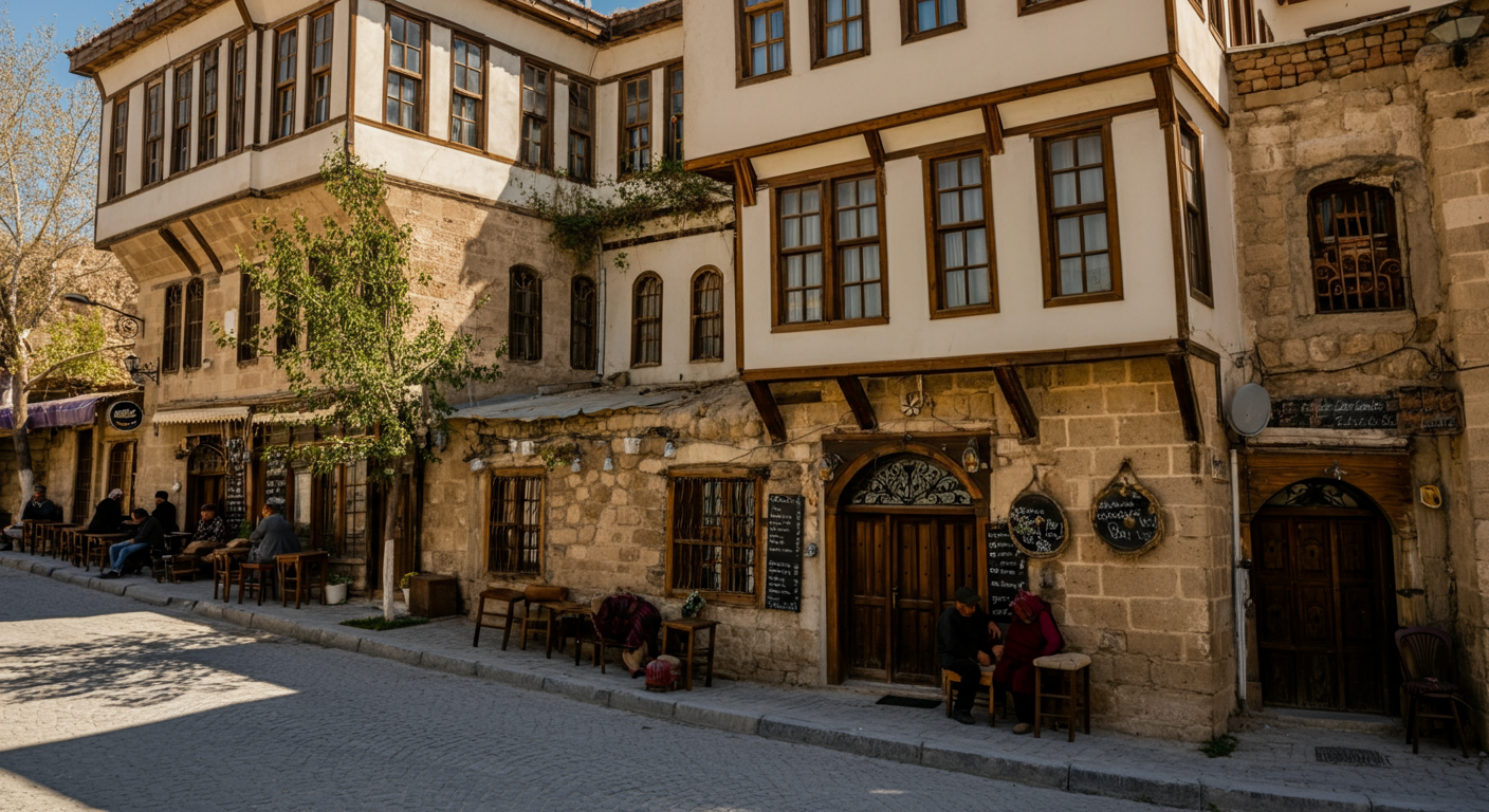 Street photography in Urgup town centre. Historic stone mansions with detailed architecture. Locals sitting outside a cafe. Authentic Central Anatolia vibe. Bright sunlight and sharp shadows.