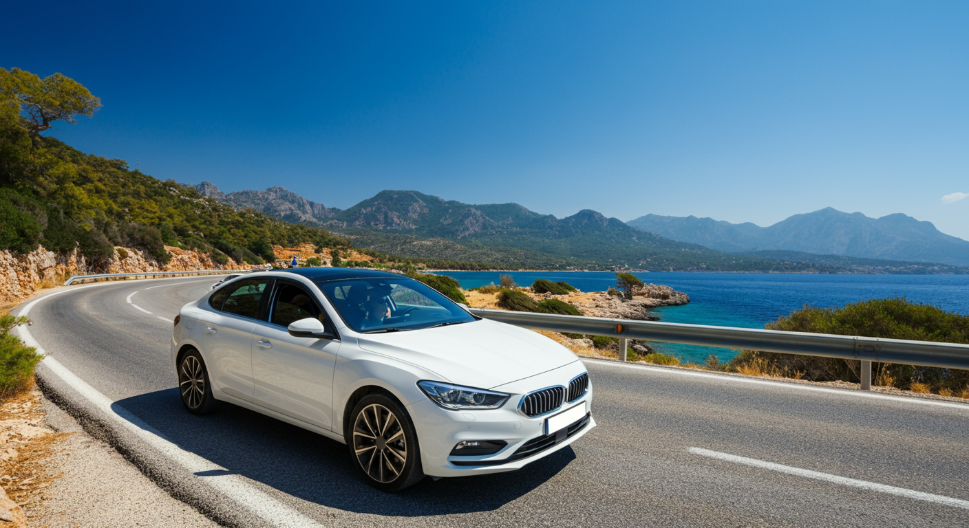 A modern white rental car driving on a scenic coastal road in Turkey near Kas