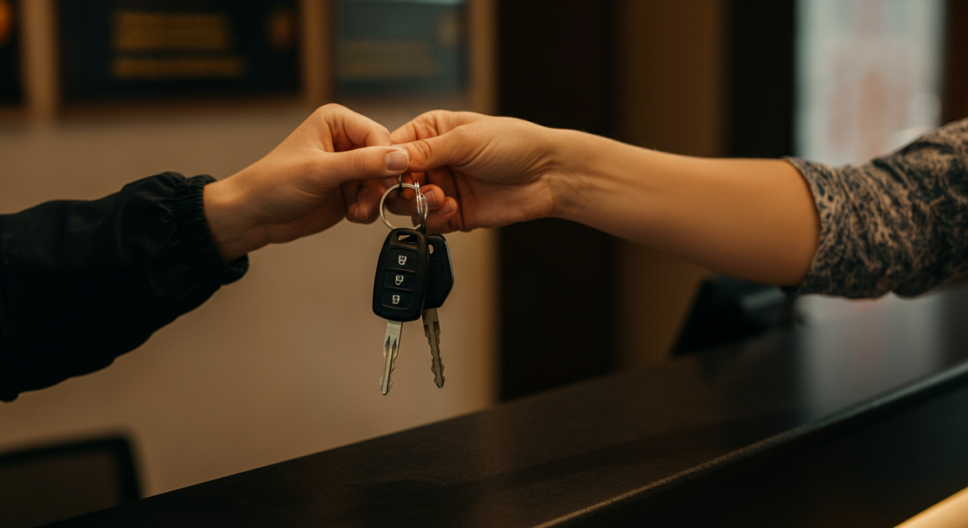 Handing over car keys at a rental desk