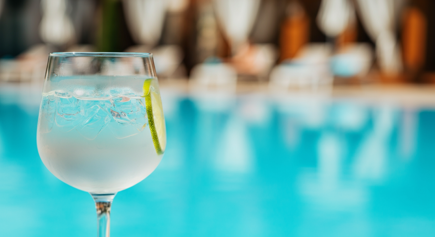 Close up of a refreshing cocktail with ice and lime by a turquoise swimming pool. Focus on the drink. Soft blurred background of sun loungers and palm trees. Summer holiday vibe. Refreshing, cool, luxury.