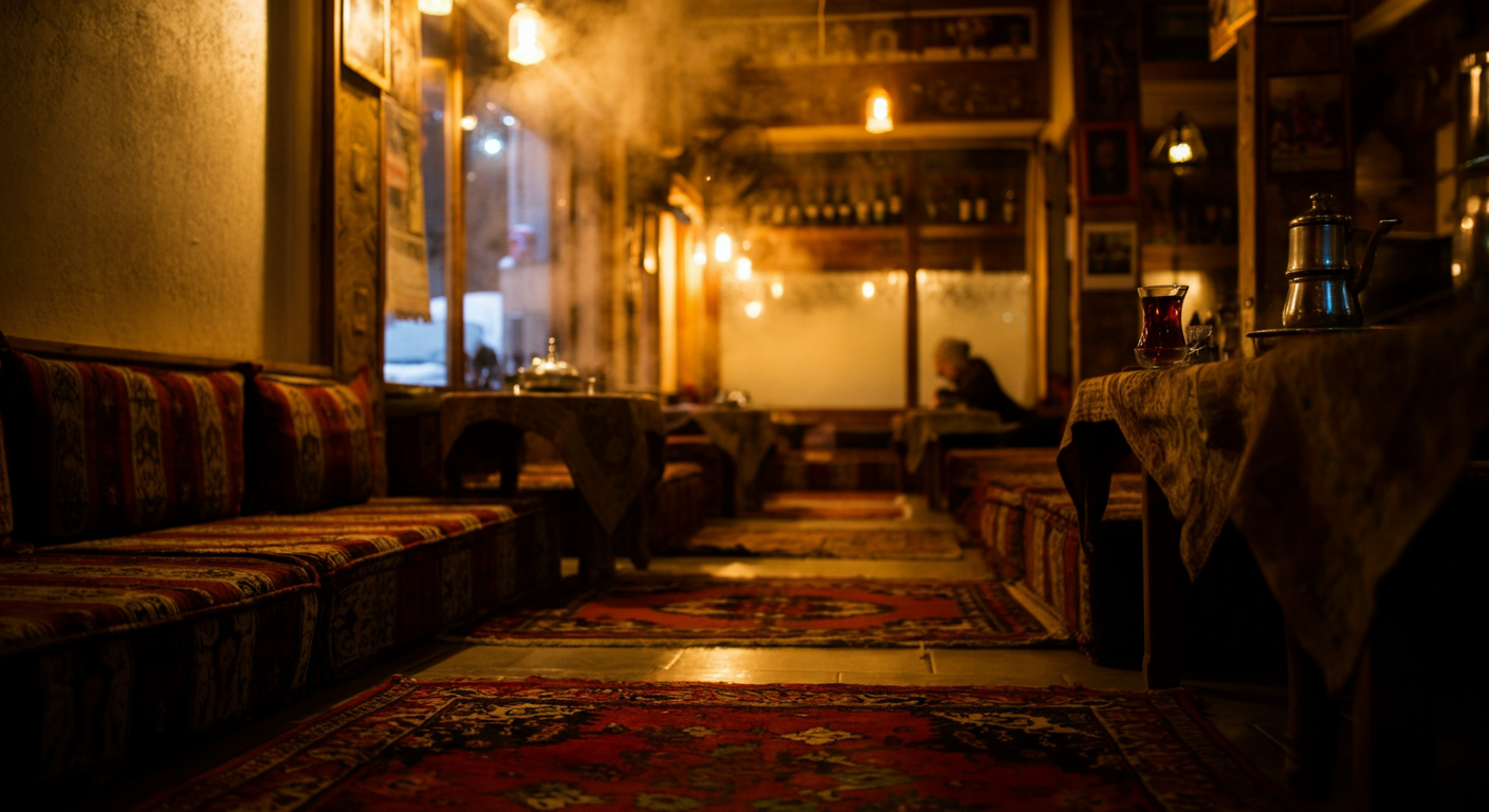 Interior of a warm, traditional Turkish cafe in winter. Steam rising from tea glasses. Rugs or cushions. People relaxing inside while it's cold outside. Inviting, cozy atmosphere.