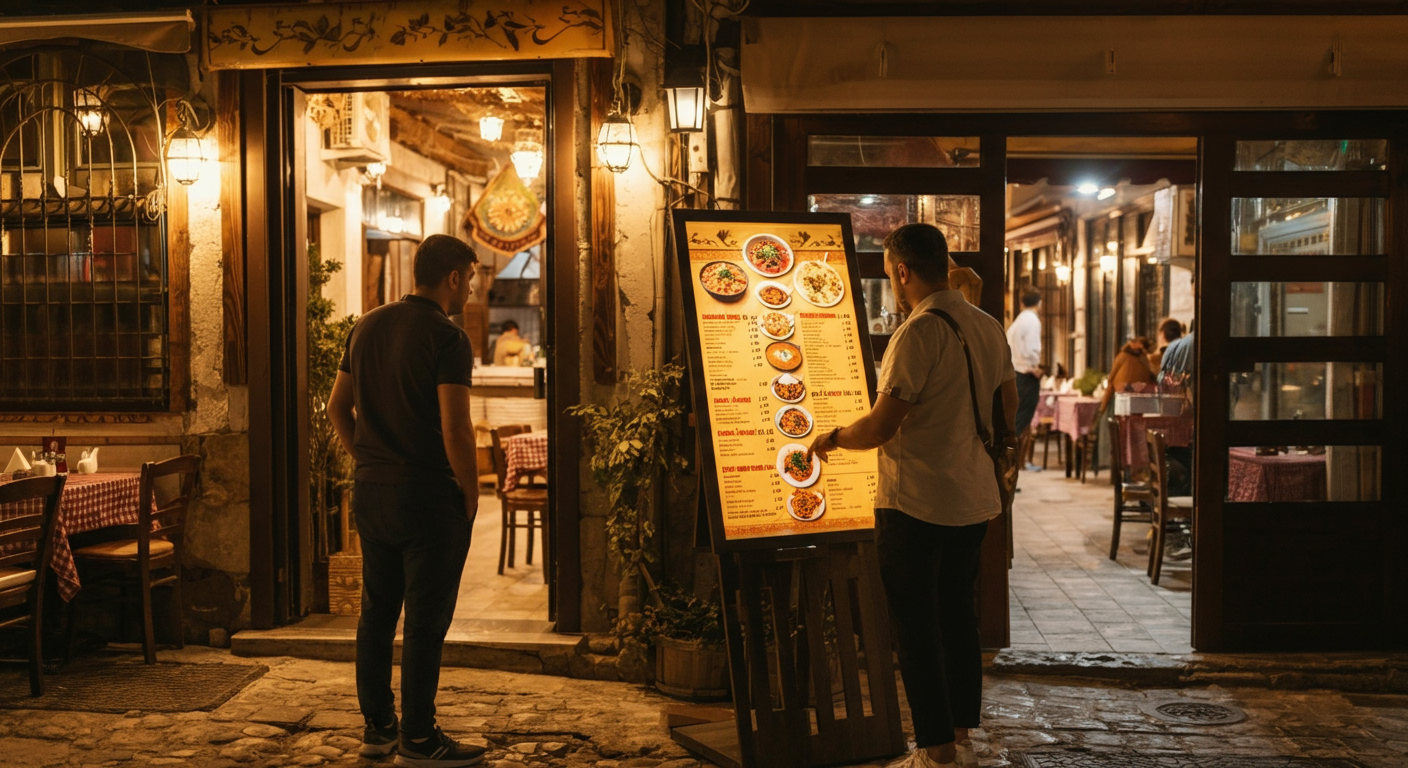 A couple checking a restaurant menu displayed on a stand before entering. Casual, relaxed. Authentic street dining atmosphere in Turkey. Warm lighting. High quality.