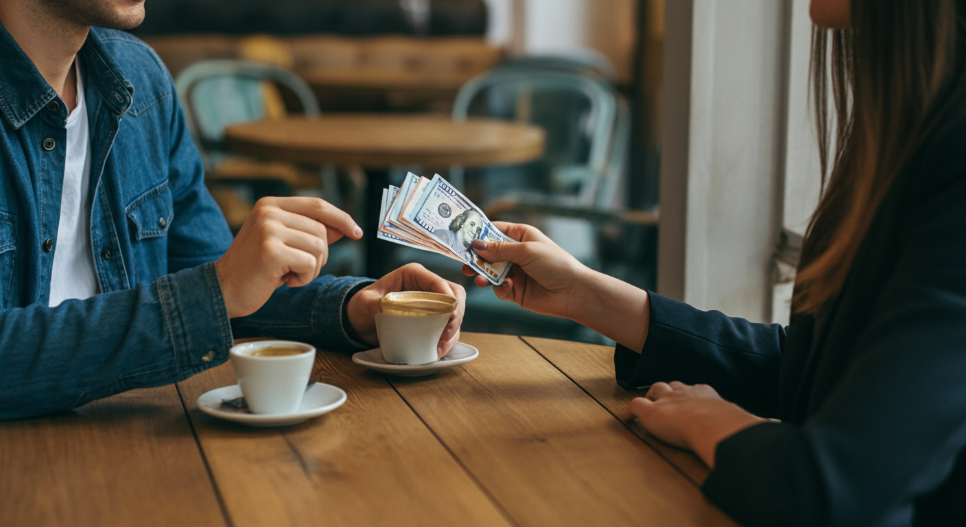 A couple calmly sharing/splitting some travel cash at a cafe table. 'You take half, I take half' concept. Safe and organised. Authentic travel partners moment. No stress.