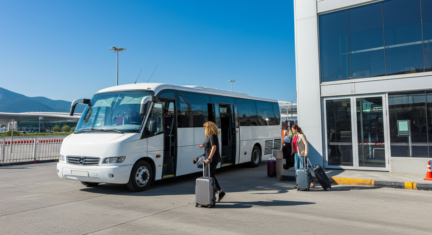 A white airport shuttle bus (coach style) parked at Dalaman Airport arrival curb. People loading suitcases. Sunny day. Authentic transit photography.