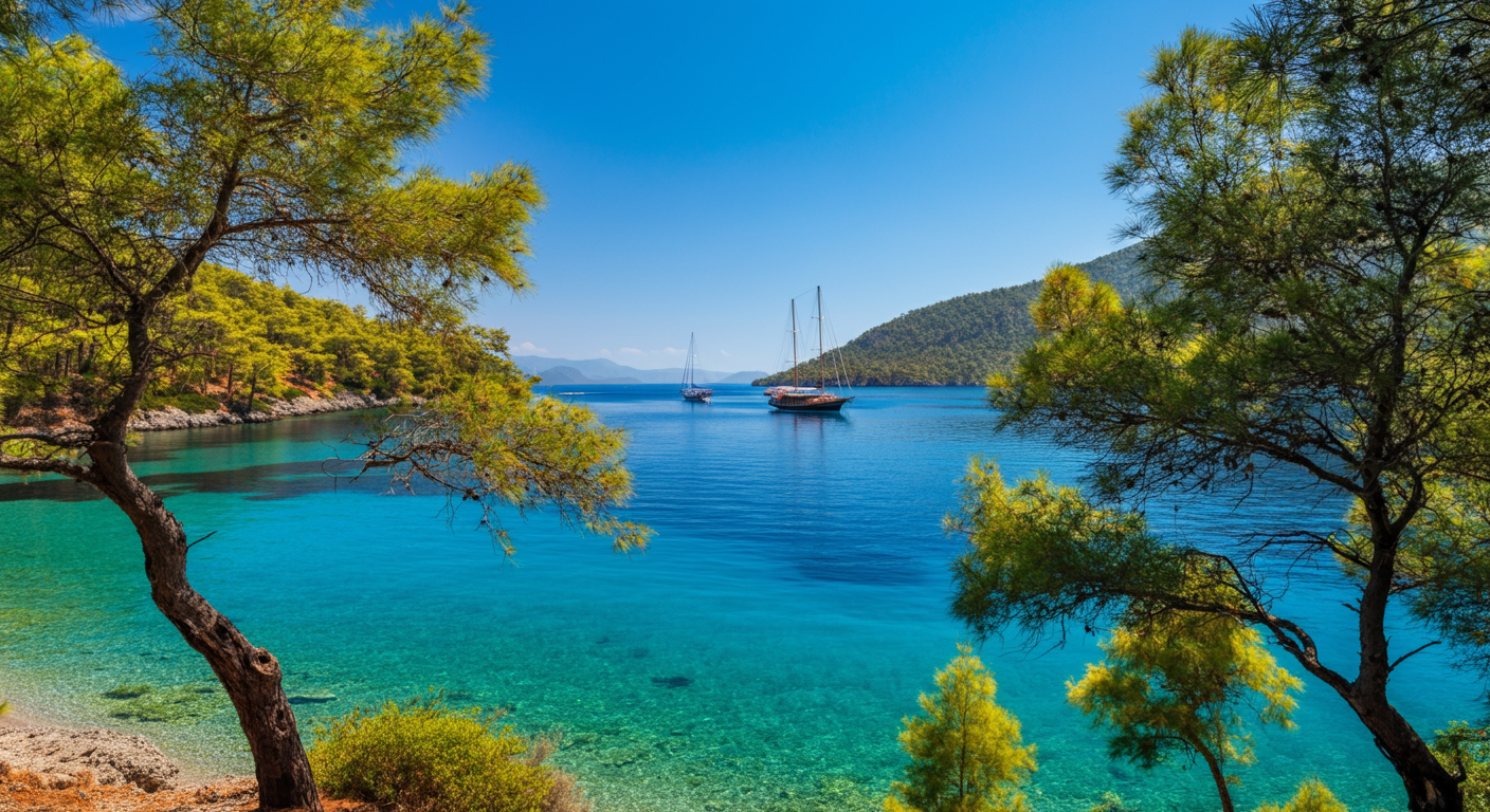A stunning, calm bay on the Dalaman coast (like Gocek or Fethiye style). Pine forests meeting turquoise water. Peace, nature, sailing boats in distance. Authentic Turkish landscape.