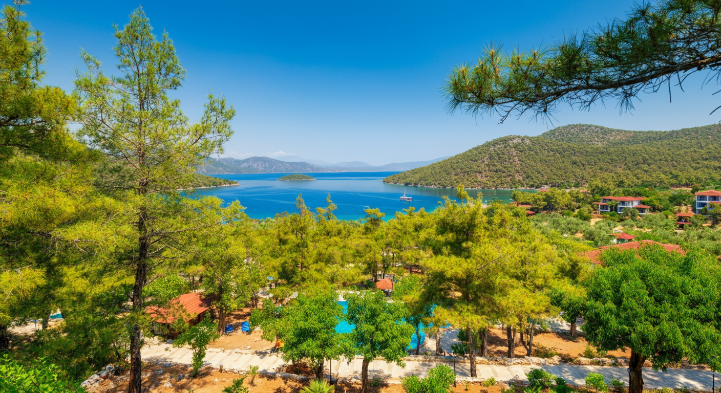 A scenic view of the Dalaman coast (Fethiye or Gocek style). Green pine forests meeting the blue sea. A smaller hotel or resort nestled in nature. Peaceful, calm vibe. Authentic photography.