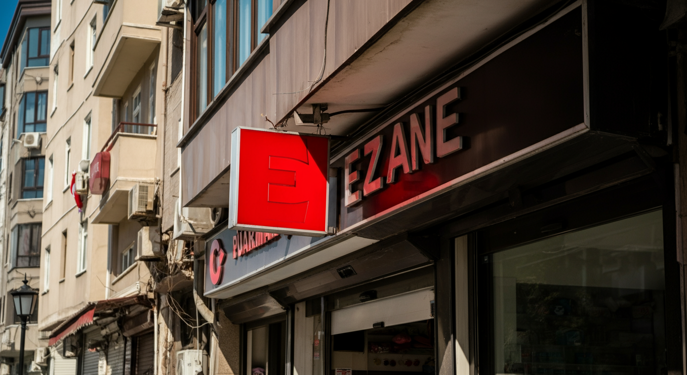A clear, recognizable red 'E' or 'Eczane' pharmacy sign on a Turkish street. Sunny day. Helpful visual for tourists. Authentic street photography. High quality.
