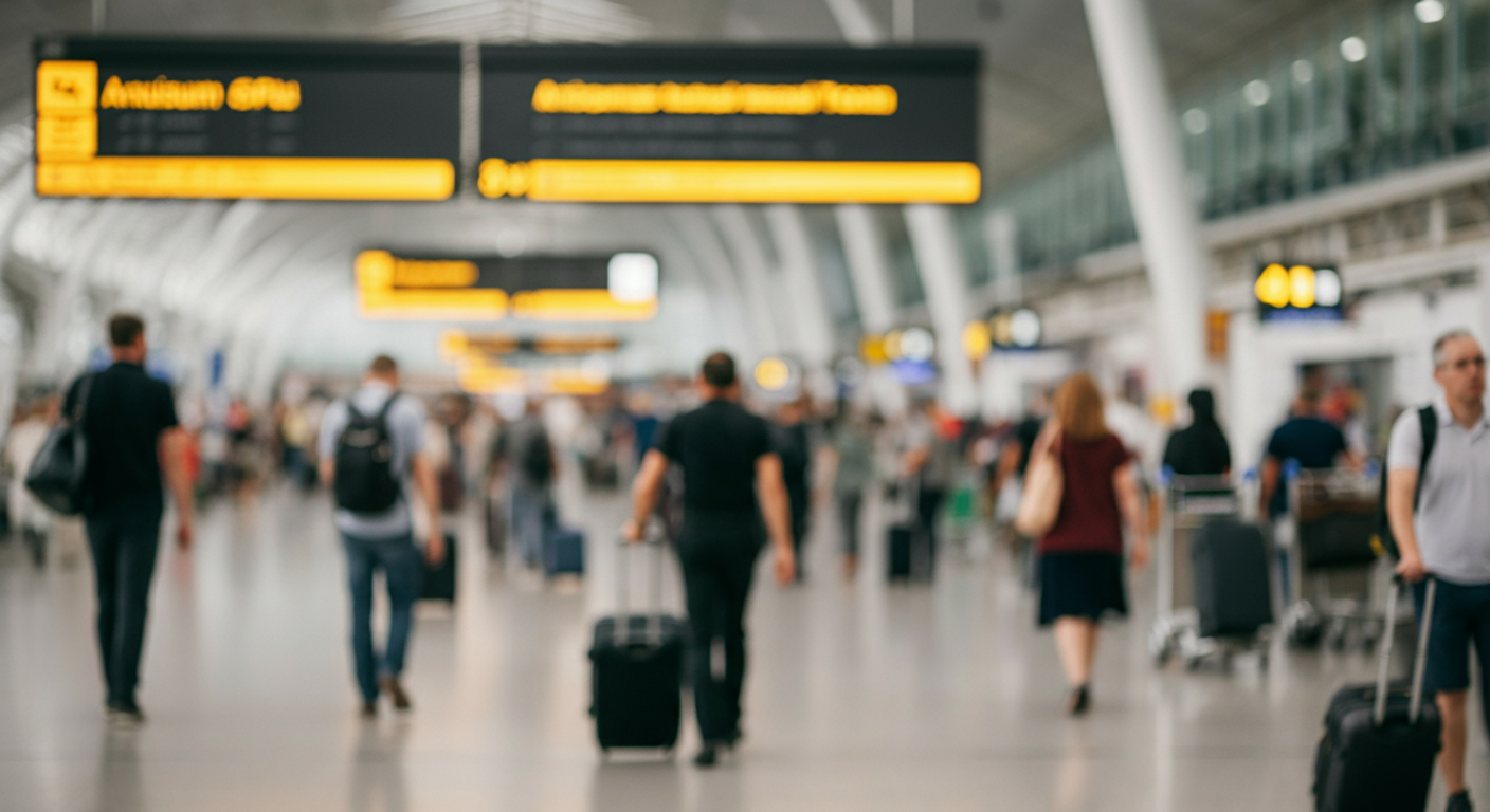 A busy international airport arrival hall. People walking with luggage. Blurred signage in background (neutral). Realistic airport atmosphere. Authentic documentary style.