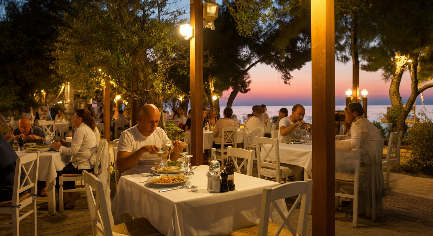 Dinner time at a seaside restaurant in Turkey during sunset. Warm ambient lighting, white tablecloths, people enjoying meal. View of the Mediterranean sea. Relaxed, romantic, 'pay as you go' dining atmosphere.