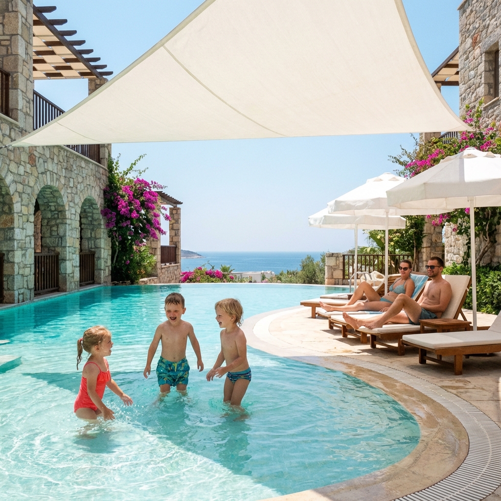 Family enjoying a safe splash pool with shade in Turkey
