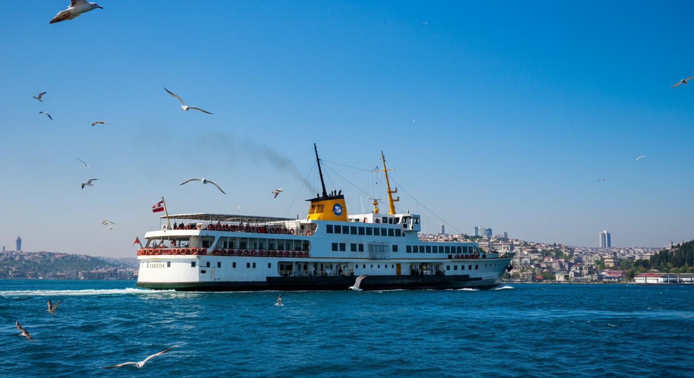 A large car ferry crossing the Bosphorus in Istanbul