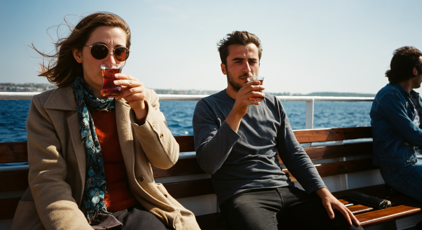 People sitting on the outdoor deck of a ferry drinking Turkish tea in glass cups