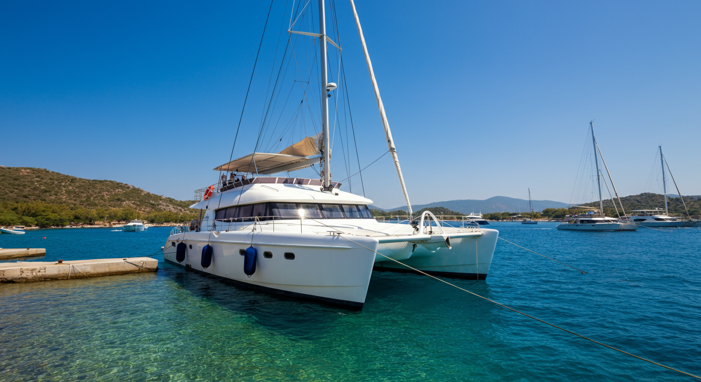 A fast catamaran docked at a small port in Turkey