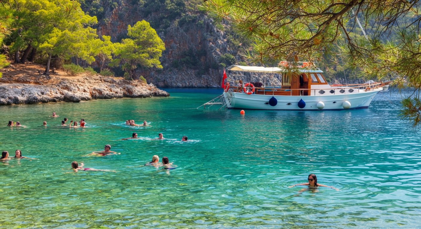 People swimming around a boat in a small secluded bay in the 12 Islands region of Fethiye. Clear water. Pine trees on shore. Authentic summer holiday vibe.