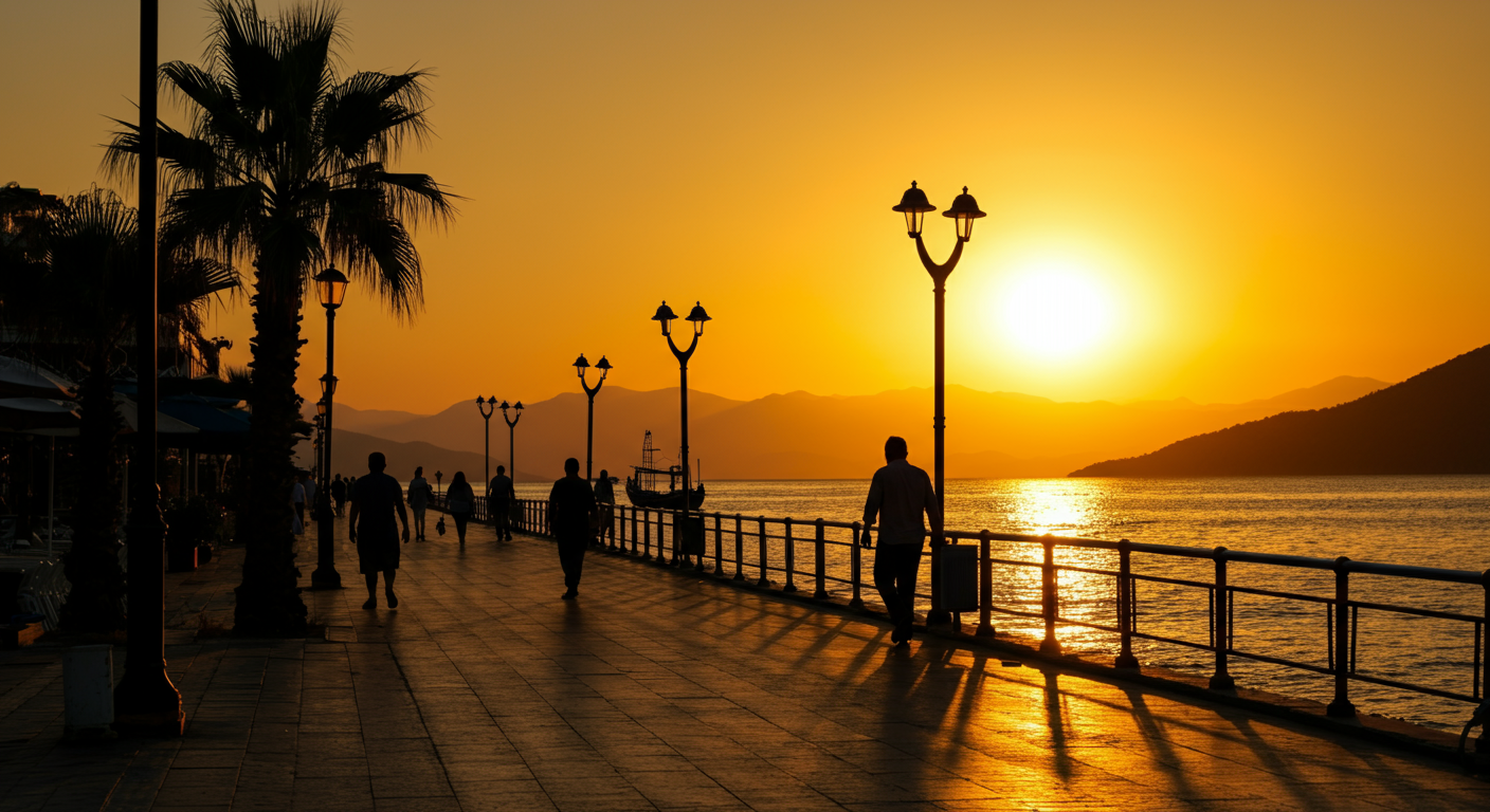 Golden sunset at Çalış Beach promenade in Fethiye. silhouette of people walking. Warm orange light. Authentic relaxed evening atmosphere.