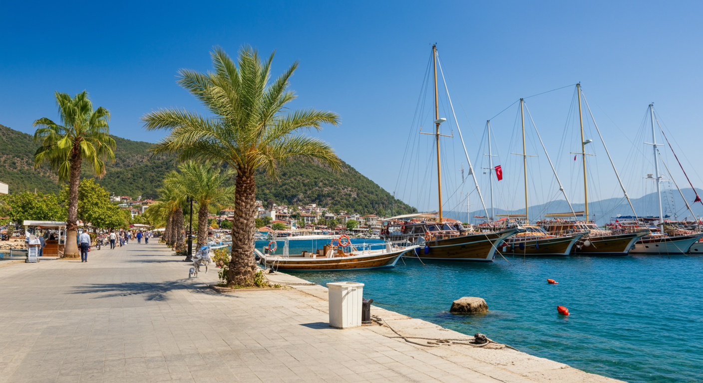 Fethiye harbour promenade with palm trees and parked gulets (boats). People walking. Authentic relaxed seaside town atmosphere.