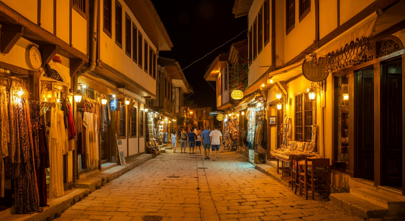 Evening street scene in Hisaronu, Fethiye. Lively atmosphere, tourists walking, colorful shop lights. Warm summer night vibe. Authentic street photography. Depth of field.