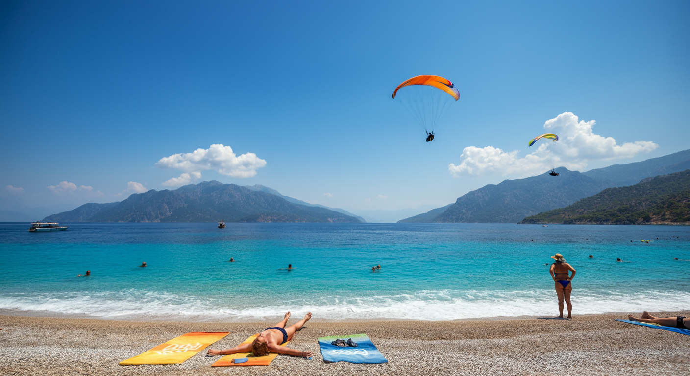 People relaxing on Oludeniz beach in Fethiye. Turquoise calm water. Paragliders in the distant sky. Bright sunny day. Authentic holiday vibe. Low angle perspective. Realistic textures.