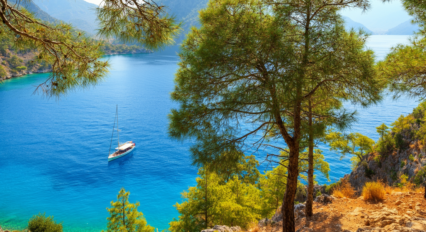 The famous Blue Lagoon in Ölüdeniz, Fethiye. Turquoise calm water. Pine trees. Authentic nature travel photography. High angle view.