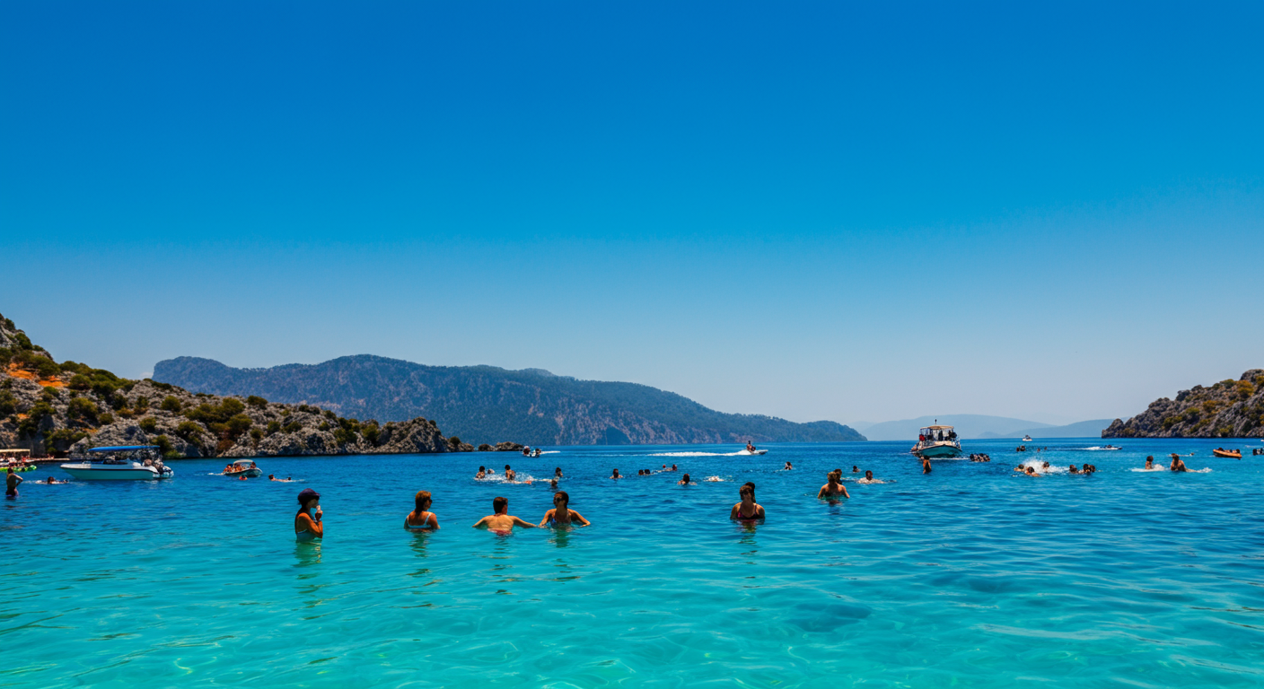 People swimming in the crystal clear turquoise water of Oludeniz Blue Lagoon. Eye level perspective from water. Authentic fun holiday vibe.