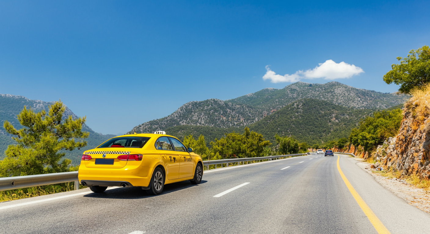 Yellow taxi driving on a scenic road near Fethiye. Mountains in background. Authentic travel photography.