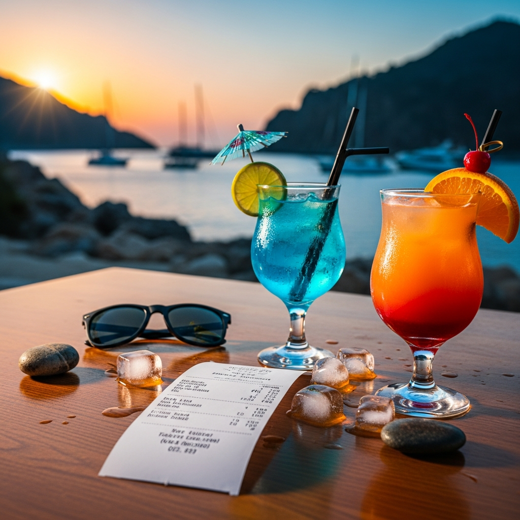 Fethiye restoranında masa üstünde hesap fişi ve deniz manzaralı kokteyller konsepti