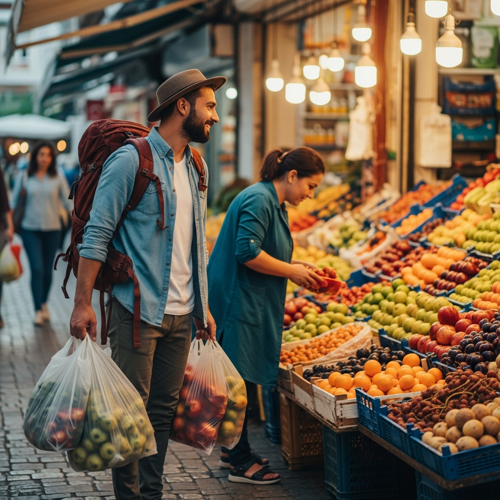 Ovacık pazarında ucuz meyve sebze alışverişi yapan eli poşetli neşeli sırt çantalı gezgin turist