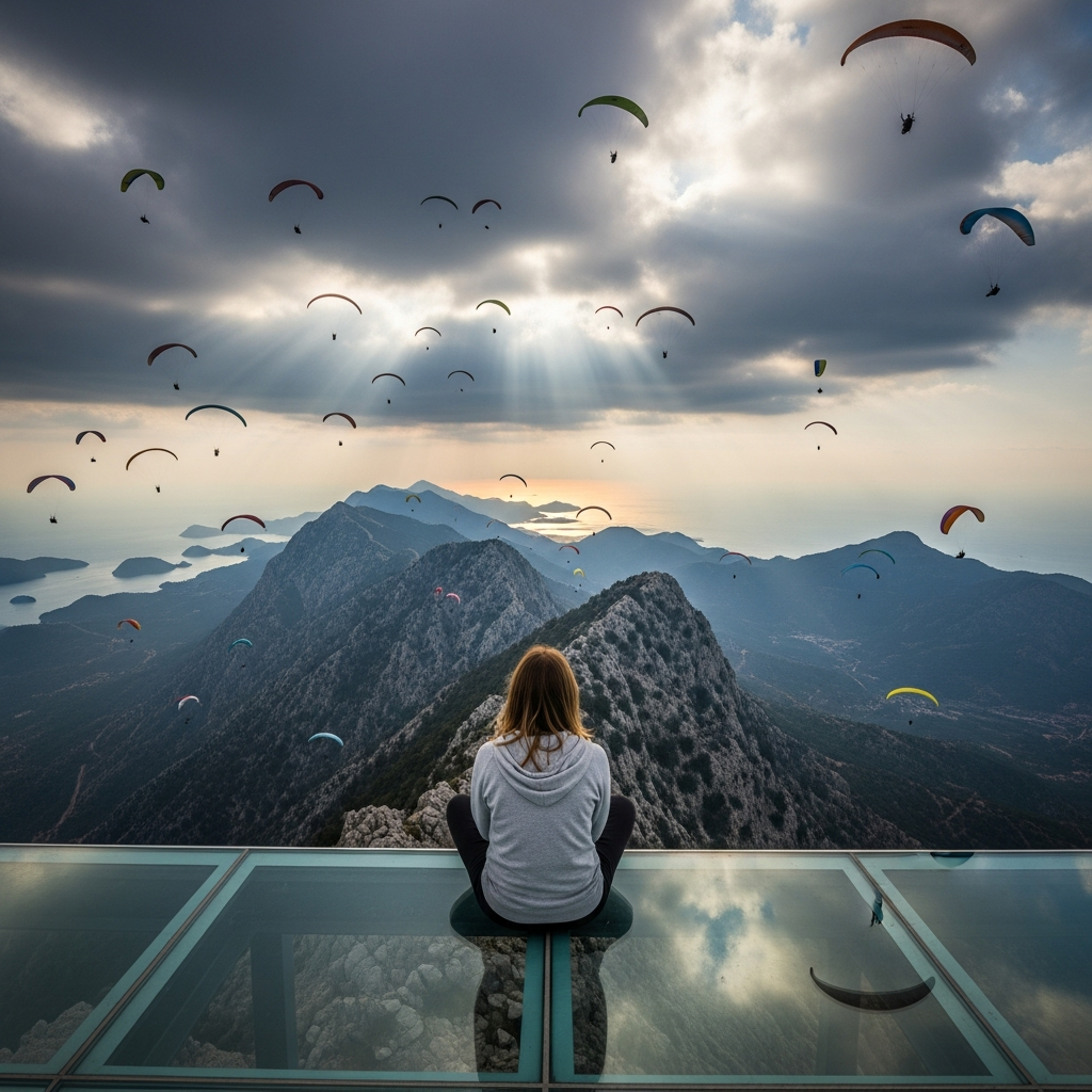 Babadağ zirvesi cam teraslarında oturan bir turistin arkasından uçan yamaç paraşütlü bulutlu gökyüzü manzarası